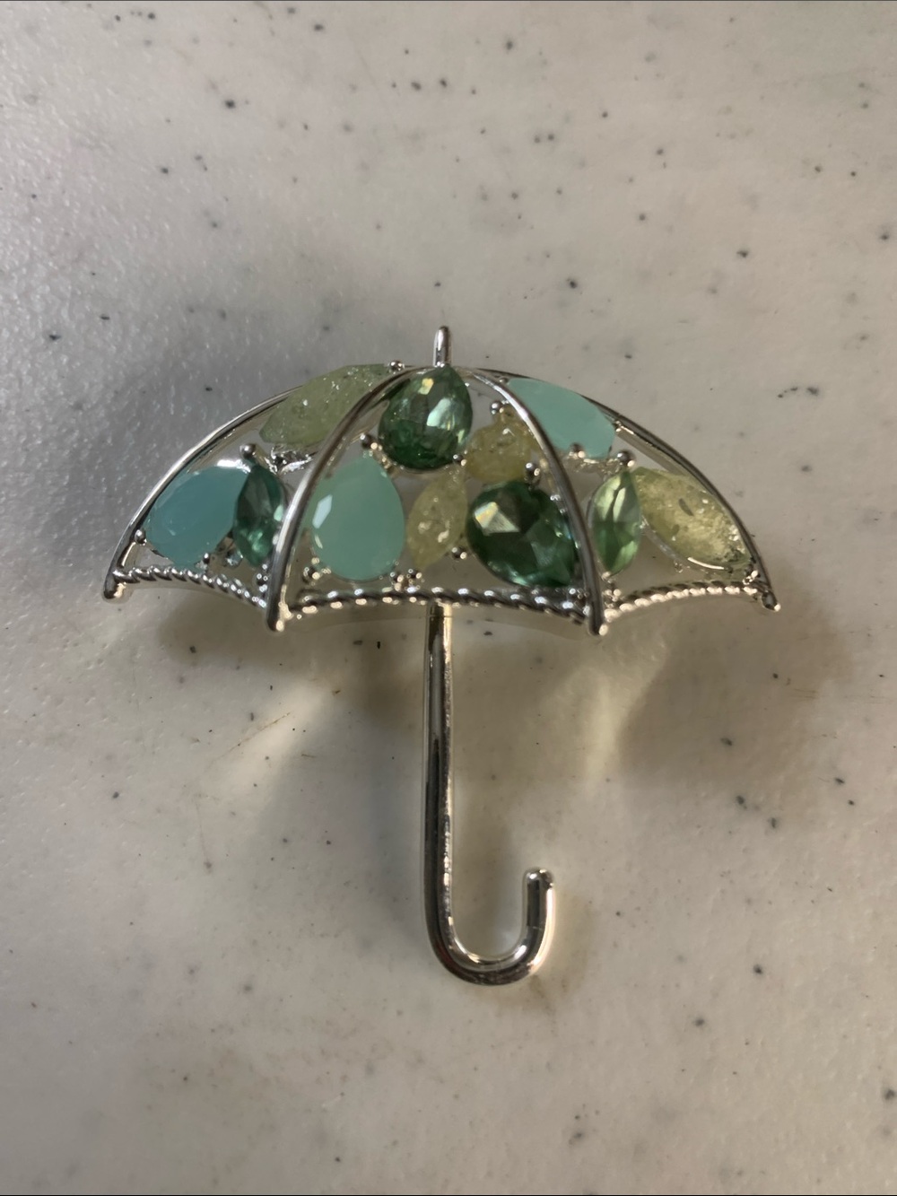 Napier Silver Umbrella Brooch with Mint and Light Green Stones